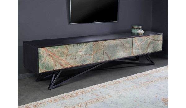 Meuble TV 200 cm bois et feuille de pierre