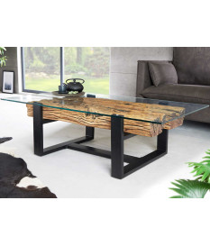 Table basse 130 cm teck verre et acier noir