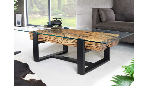 Table basse 130 cm teck verre et acier noir