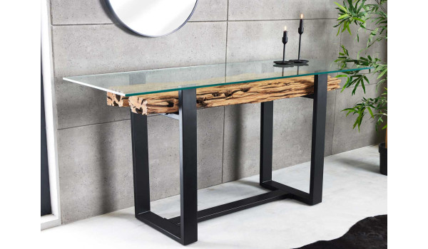 Console en teck et verre sécurit 150 cm