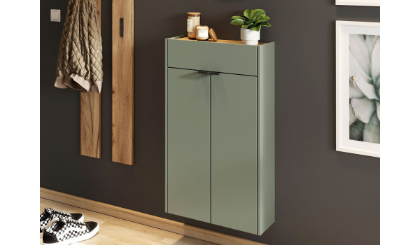 Petit meuble de rangement mural vert sauge et bois