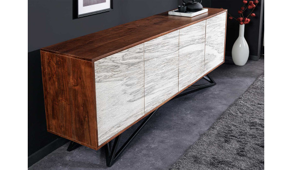 Buffet 175 cm acacia et feuille de pierre marbrée blanc
