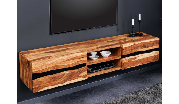 Banc tv suspendu en bois massif et métal noir