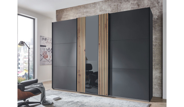 Armoire dressing 3 portes verre gris, graphite et chêne artisan