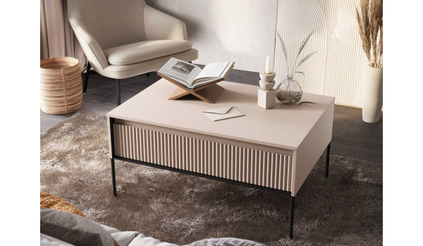 Table basse avec rangement beige sable et métal noir