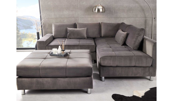 Canapé d'angle gris XXL avec pouf