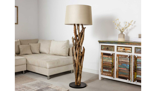 Lampe sur pied en bois de Teck et abat jour en lin beige