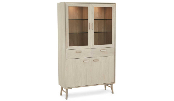 Buffet vitrine 4 portes avec éclairage & 2 tiroirs Chêne blanchi