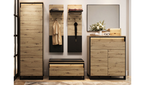 Mobilier d'entrée bois et noir pour manteaux et chaussures