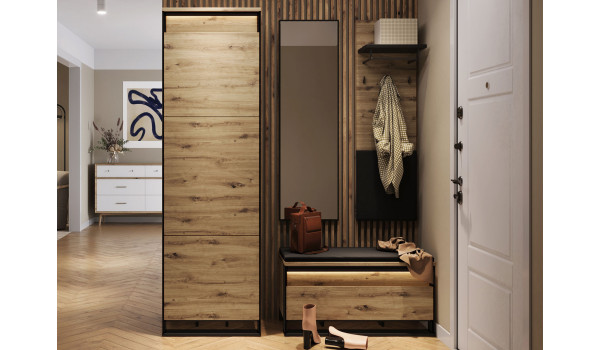 Mobilier d'entrée bois et noir pour manteaux et chaussures
