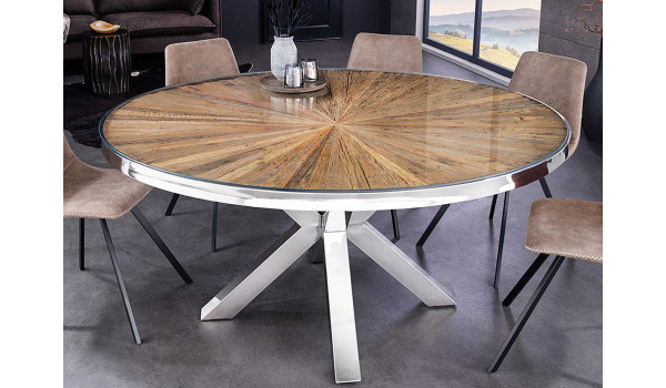 Table ronde 120 cm en teck & verre et acier chromé