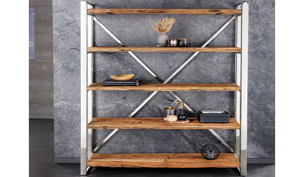 Étagère bois massif 185 cm teck et acier chromé