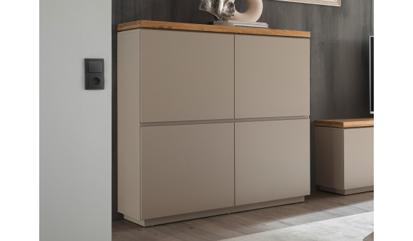 Bahut 4 portes gris chaud et acacia