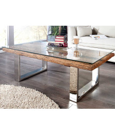 Table basse en teck - verre et acier chromé