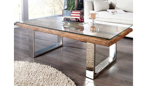 Table basse en teck - verre et acier chromé
