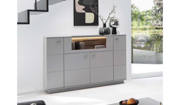Buffet haut laqué gris mat et chêne