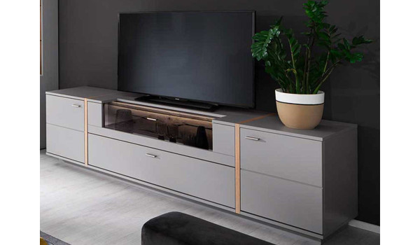 Meuble TV bas laqué gris mat et chêne