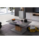 Table basse design laqué gris mat, chêne et verre fumé