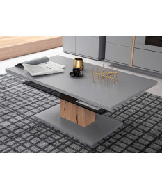 Table basse design laqué gris mat, chêne et verre fumé
