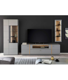Ensemble de meuble de salon TV laqué gris mat et chêne
