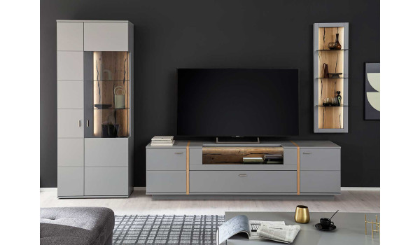 Ensemble de meuble de salon TV laqué gris mat et chêne