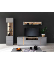 Ensemble Télé laqué gris mat et chêne