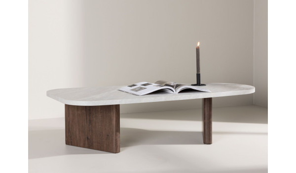 Table basse originale imitation pierre et bois foncé