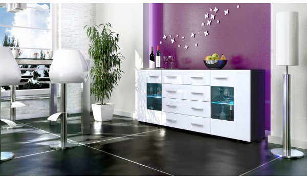 Buffet long noir portes vitrées