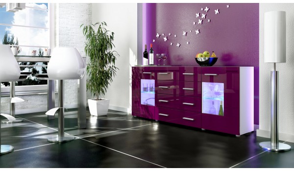 Buffet Moderne long blanc portes vitrées