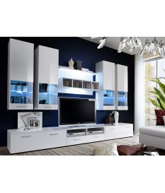 Meuble TV Blanc Laqué 3m + Elements Murals vitrés
