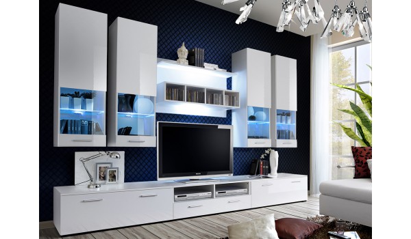 Meuble TV Blanc Laqué 3m + Elements Murals vitrés