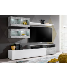 Meuble Télé Mural Design Blanc / Béton pas cher