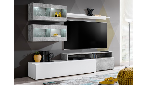 Meuble Télé Mural Design Blanc / Béton pas cher
