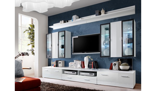 Meuble TV Blanc & Vitrine mural LED