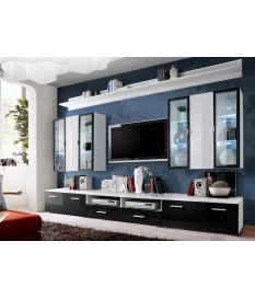 Meuble TV Noir & Vitrine Mural Blanche LED