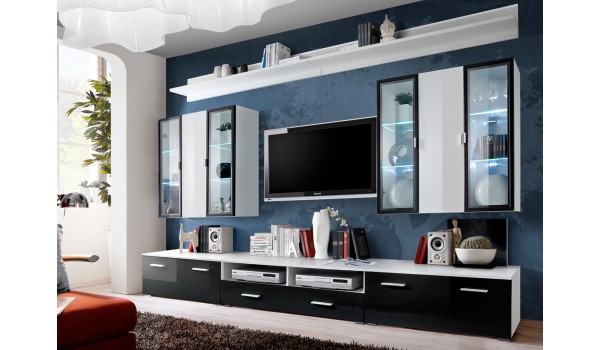 Meuble TV Noir & Vitrine Mural Blanche LED