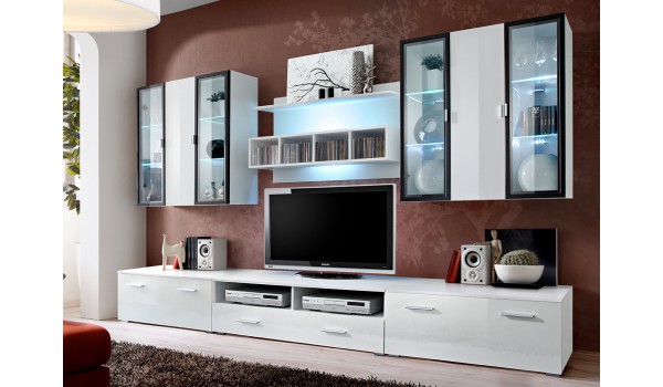 Ensemble TV Mural Design Blanc & LED
