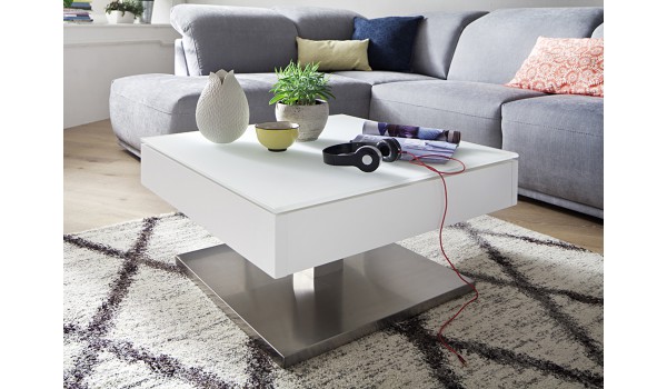 Table Basse Blanche Pied Acier Central & Plateau Rotatif