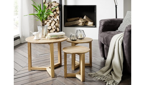 3 Tables Gigognes Ronde Embîtable en Bois Chêne Massif