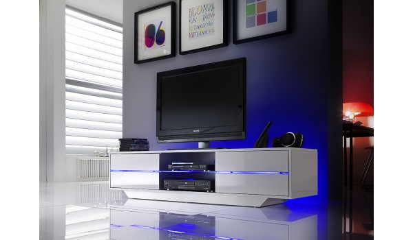 Meuble TV Blanc Laqué Design Led bleu