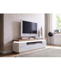 Meuble TV Bois Massif et Blanc Laqué Mat