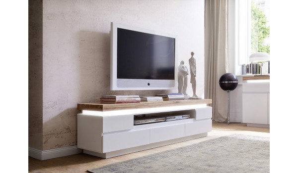 Meuble TV Bois Massif et Blanc Laqué Mat