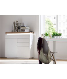 Commode Blanc Laqué Mat & Bois Chêne Massif