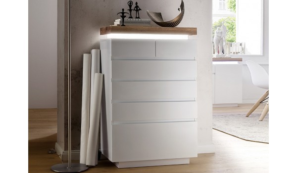 Commode a Tiroirs Laqué Blanche & Bois Chêne Massif