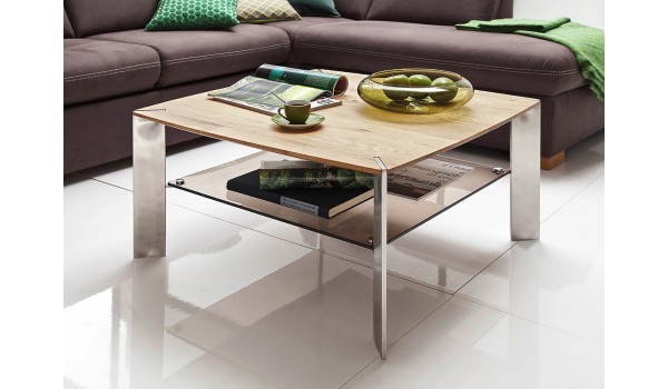Table Basse Carrée en Bois Verre et Acier