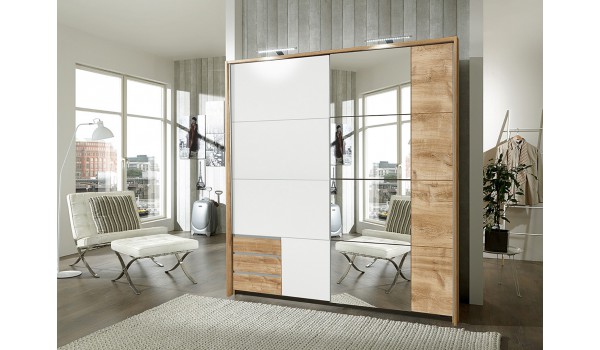 Armoire Chêne et Blanche avec Miroir - Rangement & Dressing