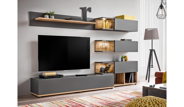 Meuble TV Design Led Gris & Bois