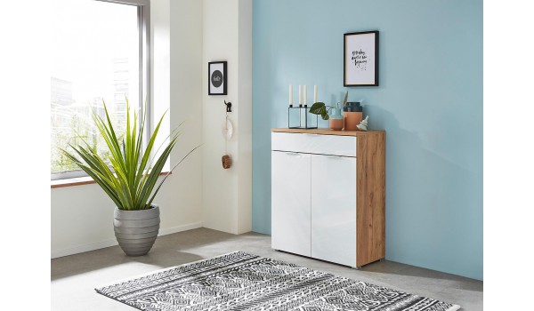 Meuble de rangement blanc et bois