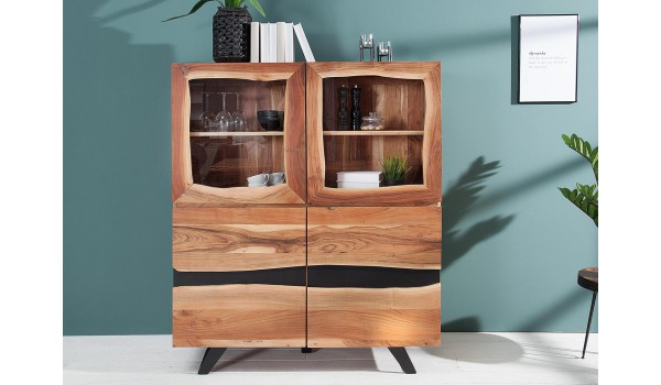 Buffet haut vitré, bois massif et métal noir