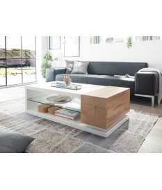 Table basse design blanc laqué et bois
